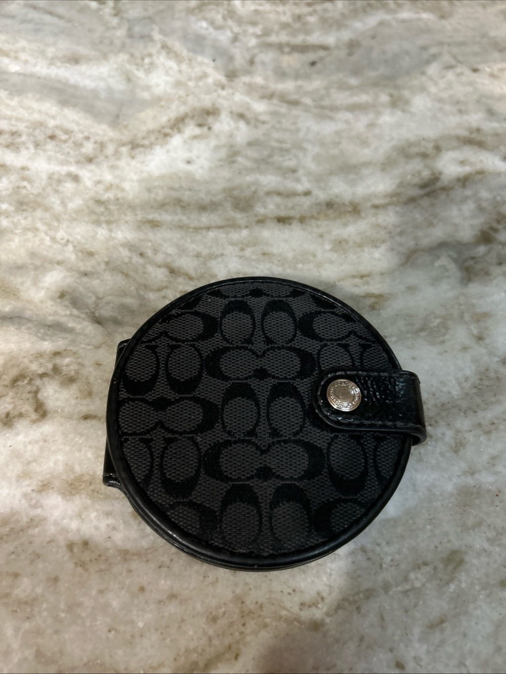 Vintage Coach Round Monogram Black CC Canvas Compact Double Sided Folding Mirror